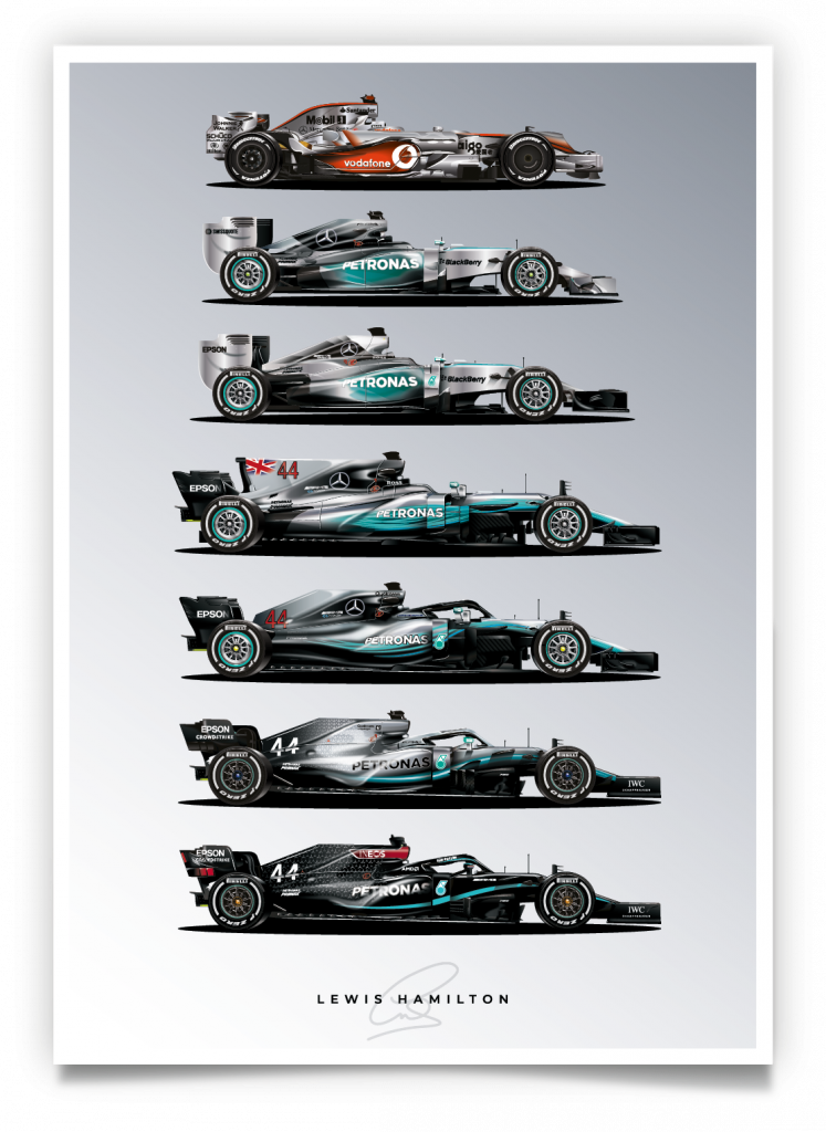 Lewis Hamilton World Championship F1 Cars Poster OMAC Design