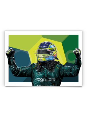 Poster of Fernando Alonso celebrating a podium with Aston Martin in the 2023 Formula 1 season.
