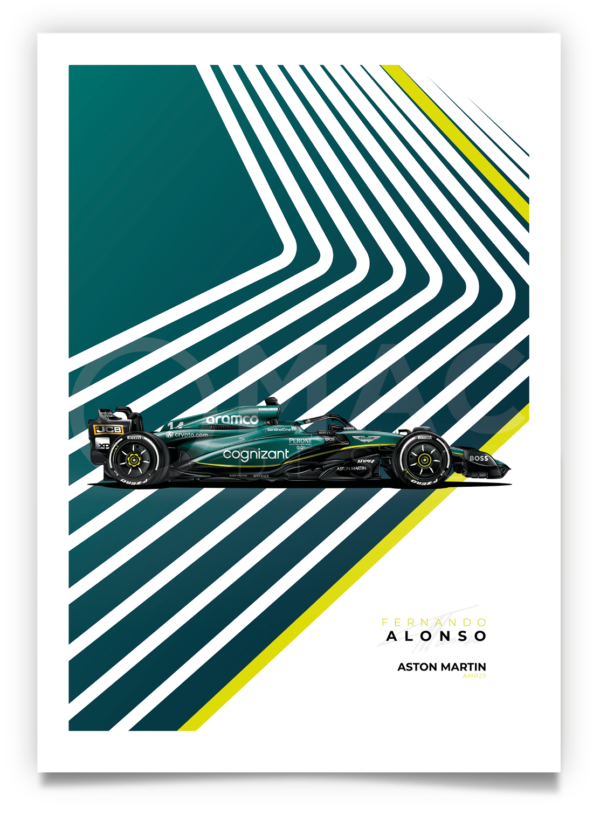 Poster of Fernando Alonso's AMR23 as raced in the 2023 Formula 1 season.