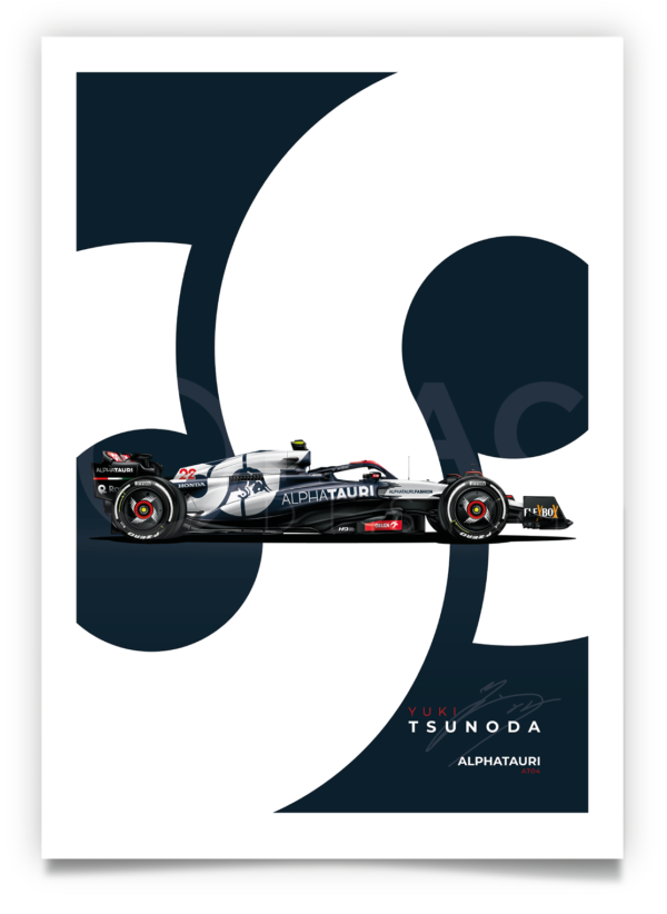 Poster of Yuki Tsunoda's AT04 as raced in the 2023 Formula 1 season.