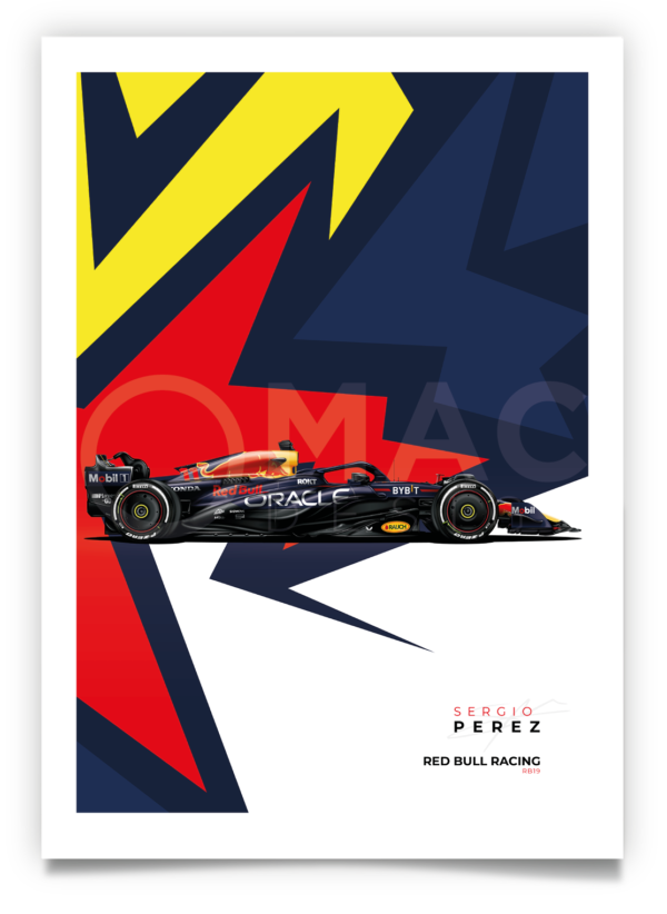 Poster of Sergio Perez's RB19 as raced in the 2023 Formula 1 season.