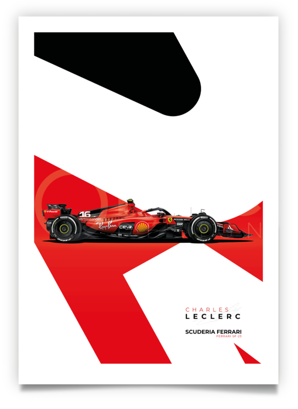 Poster of Charles Leclerc's SF23 as raced in the 2023 Formula 1 season.