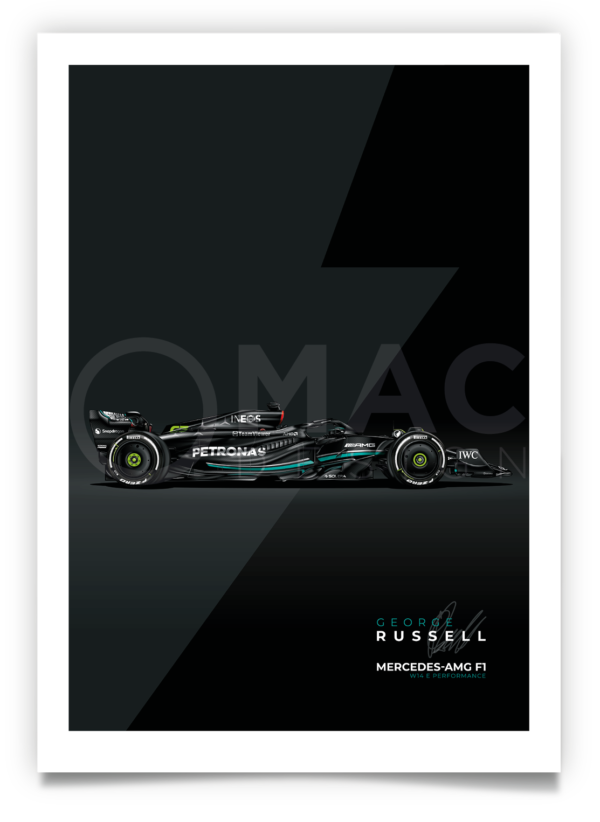 Poster of George Russell's W14 as raced in the 2023 Formula 1 season.