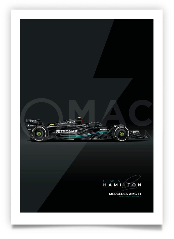 Poster of Lewis Hamilton's W14 as raced in the 2023 Formula 1 season.