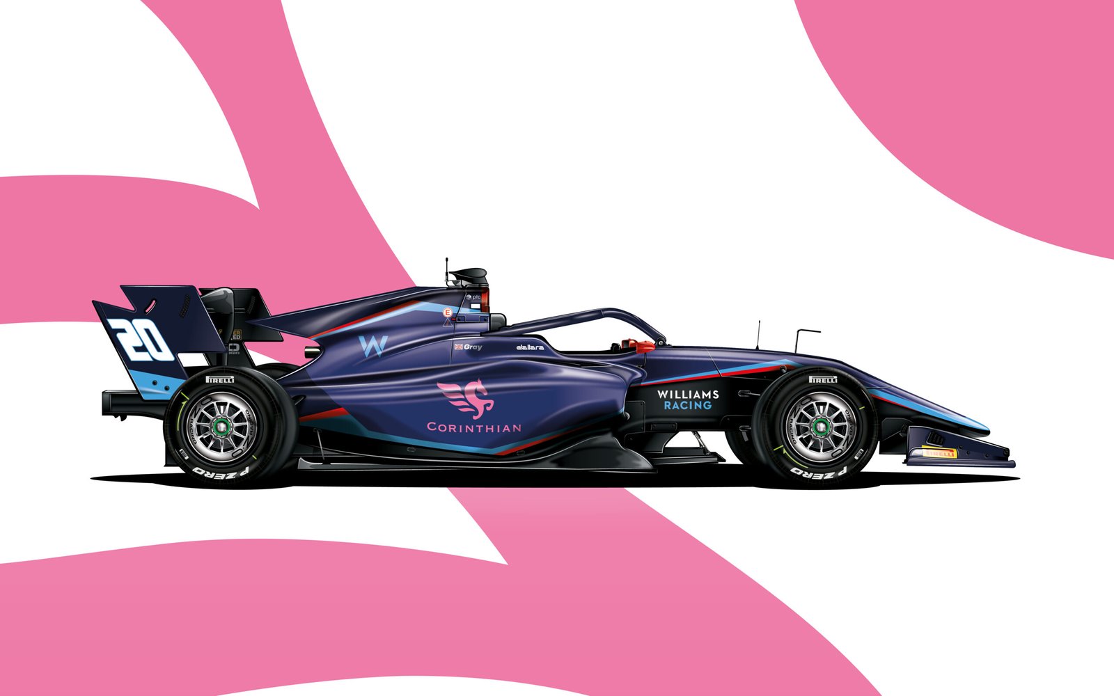 An illustrated image of Ollie Gray's 2023 Formula 3 car on an abstract pink background.